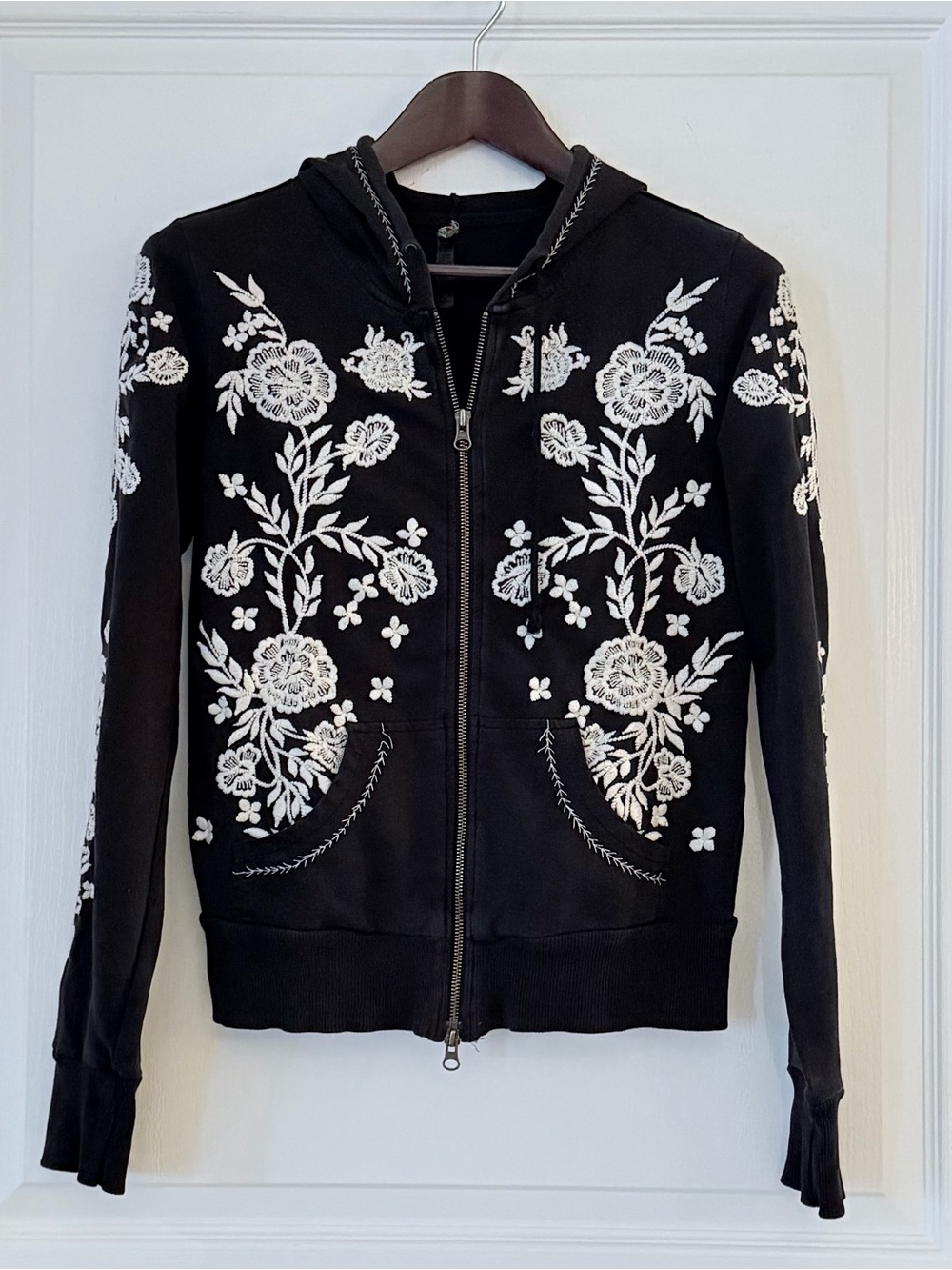 Free People Black Zip Hoodie with White Floral Embroidery